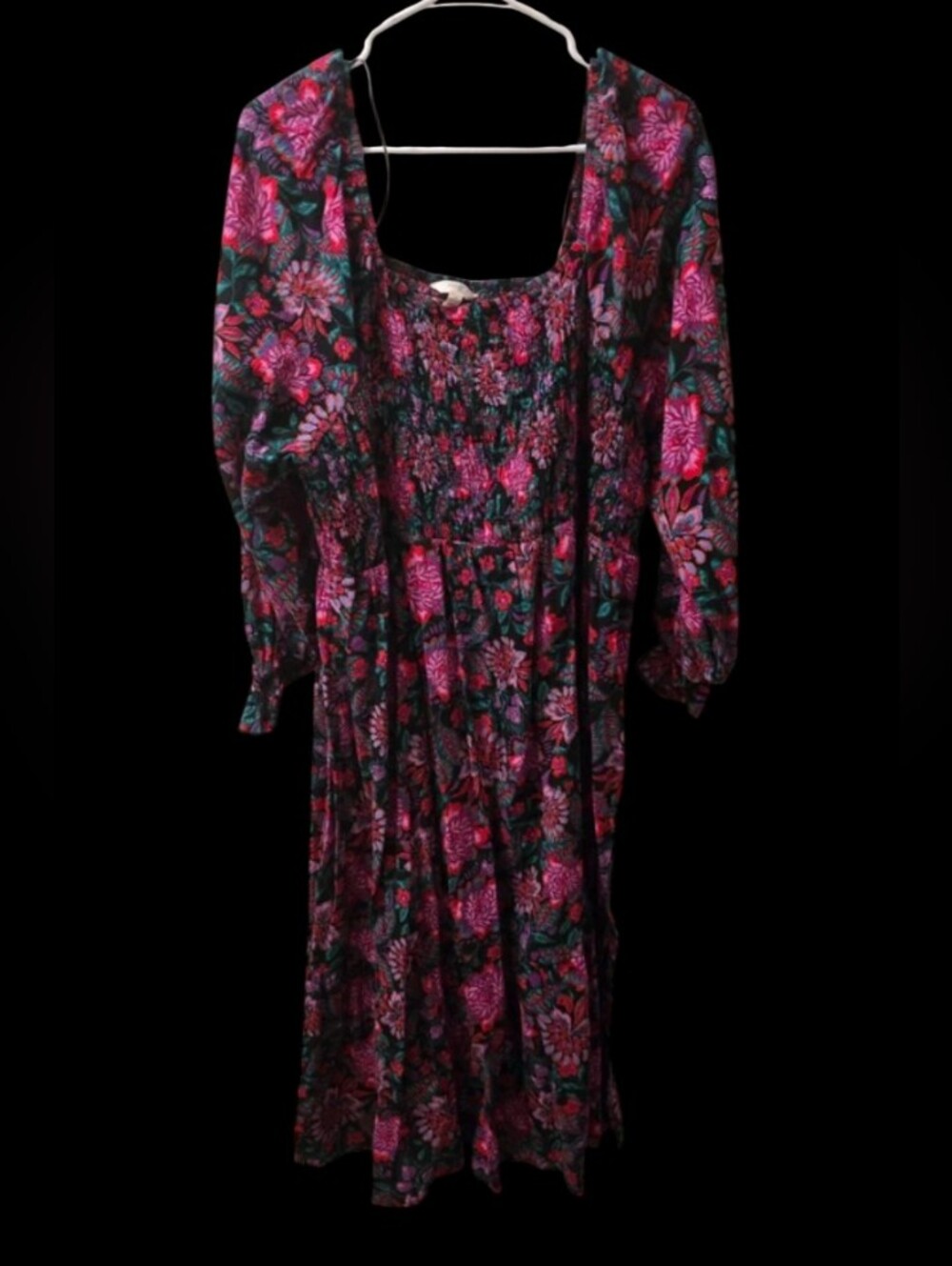 NWOT Terra & Sky Sz 2X  Pink Black And Lilac Floral Puff Sleeve Midi Dress